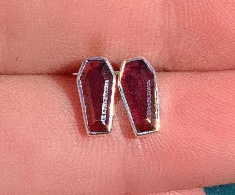 Garnet Coffin Shape Sterling Silver Earring, Silver, Inlay Stud Earrings, January Birthstone, Oddity