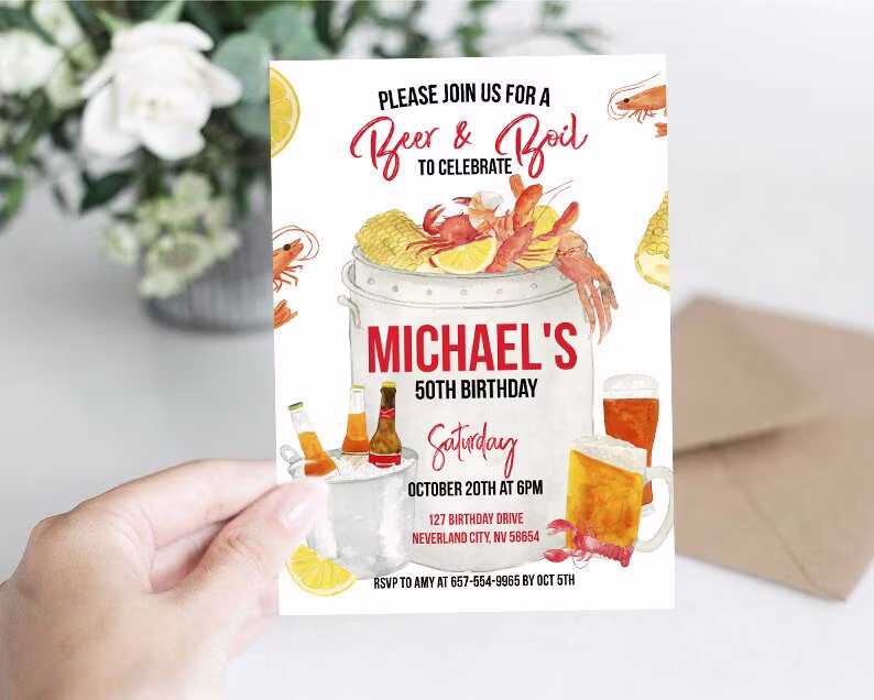 Editable Crawfish Boil Birthday Party Invitation - Beer Invite Man Instant Download Template Digital | 22-16