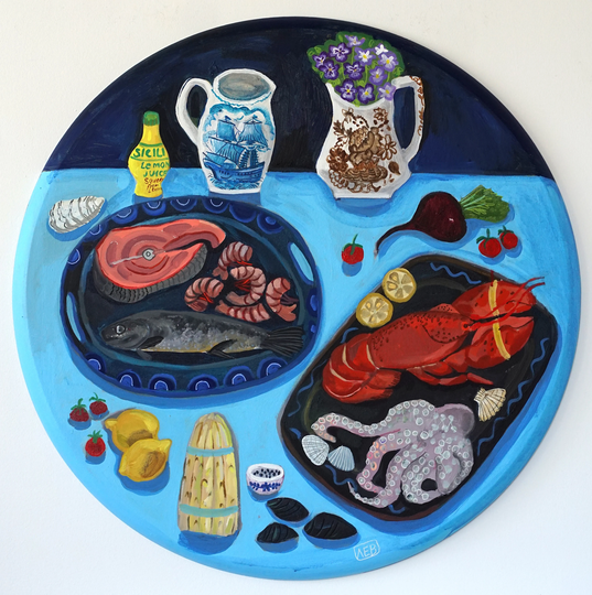 Marine Fauna. Original Large, Tondo Acrylic Painting, Fish Still Life Seafood