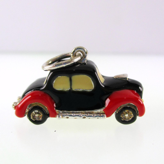Old Car Charm, Sterling Silver, Enamel, Car Charm, Pendant, Necklace, Charm Bracelet, Red, Black, Chrome, Side Pipes, Hood Scoop, Cool
