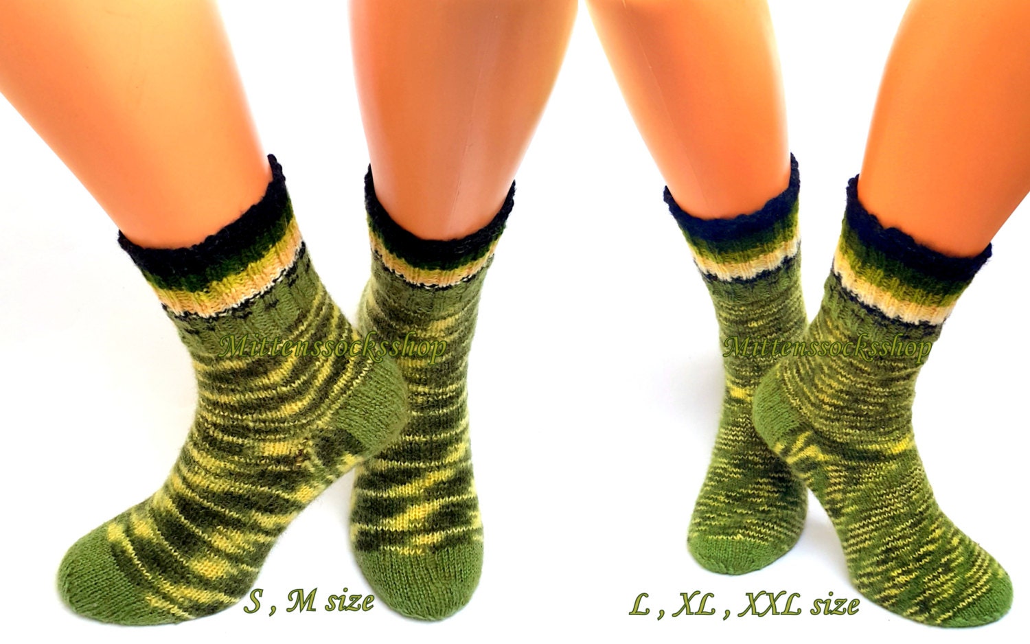 Green Yellow Black Hand Knitted Socks Wool Women's Girl's Men's Colorful Very Warm Sleeping Winter Socks