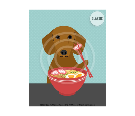 489Dp Dachshund Gifts - Red Eating Ramen Wall Art -Ramen Lover Dog Artwork Portrait