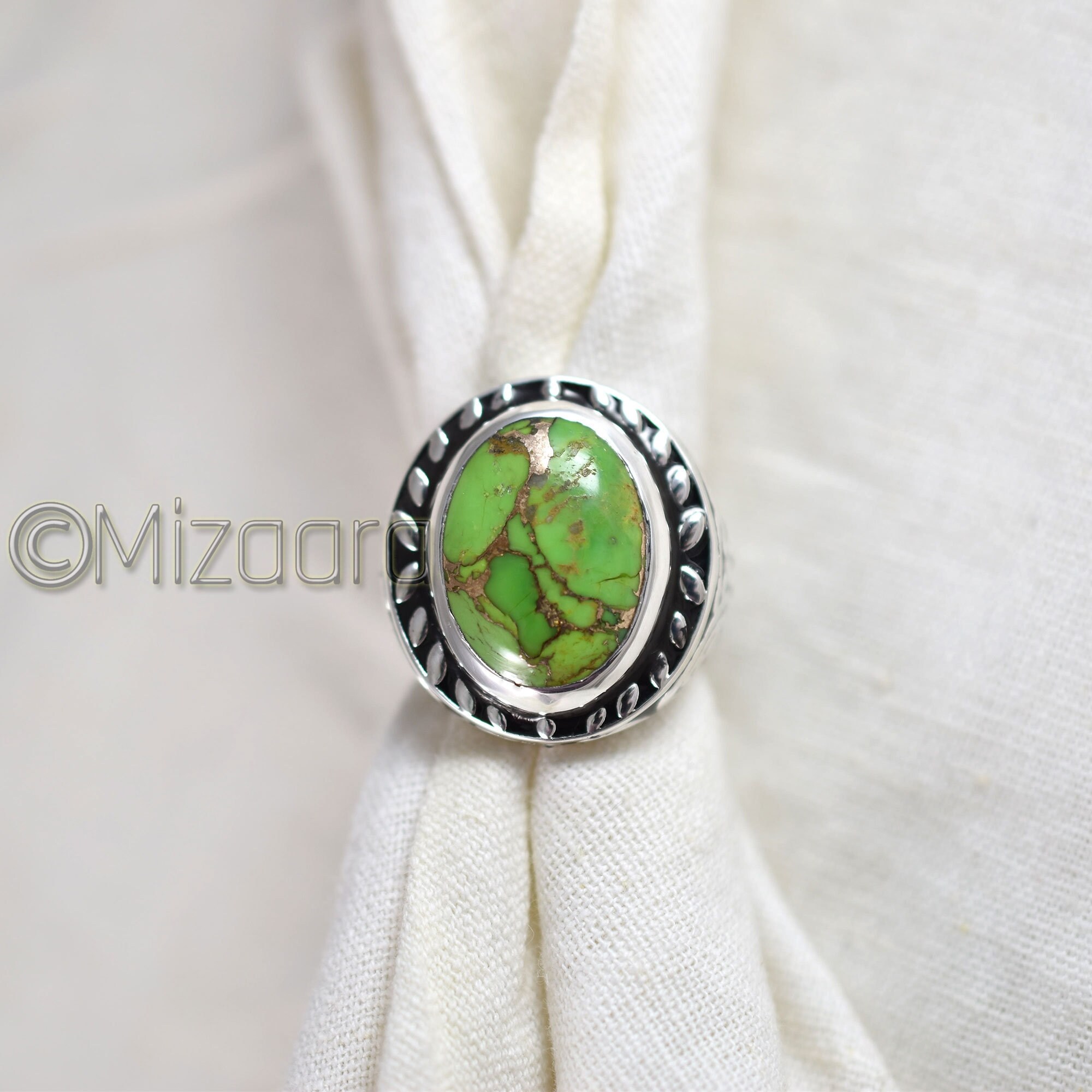 Copper Turquoise Ring 925 Sterling Silver Jewelry Organic Gemstone Green Men's Black Enameled Boys