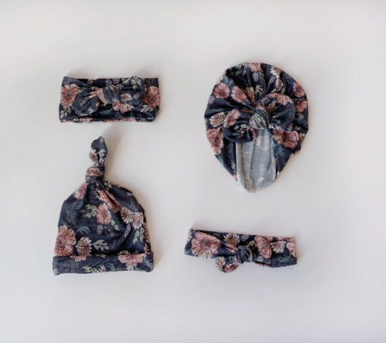 Luxury Bamboo Navy Floral Bow Turban, Headband, Wide & Thin, Knot Hat, Soft, Stretchy Baby Girl Accessory, Newborn, Spring Pink Vintage