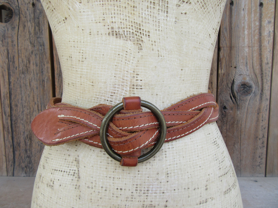 90S Sienna Brown Woven Leather Waist Belt | Braided Size L Up To 36