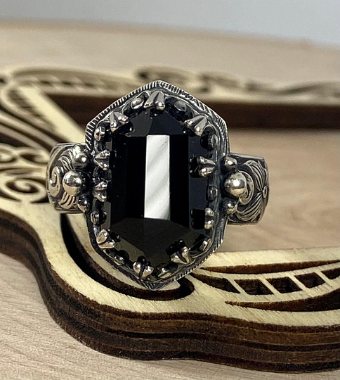 Black Onyx Diamond Cut Ring in Sterling Silver Goth Style Jewelry