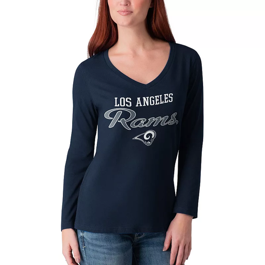 Women's G-III 4Her by Carl Banks Navy Los Angeles Rams Post Season Long Sleeve V-Neck T-Shirt, Size: Small, Blue