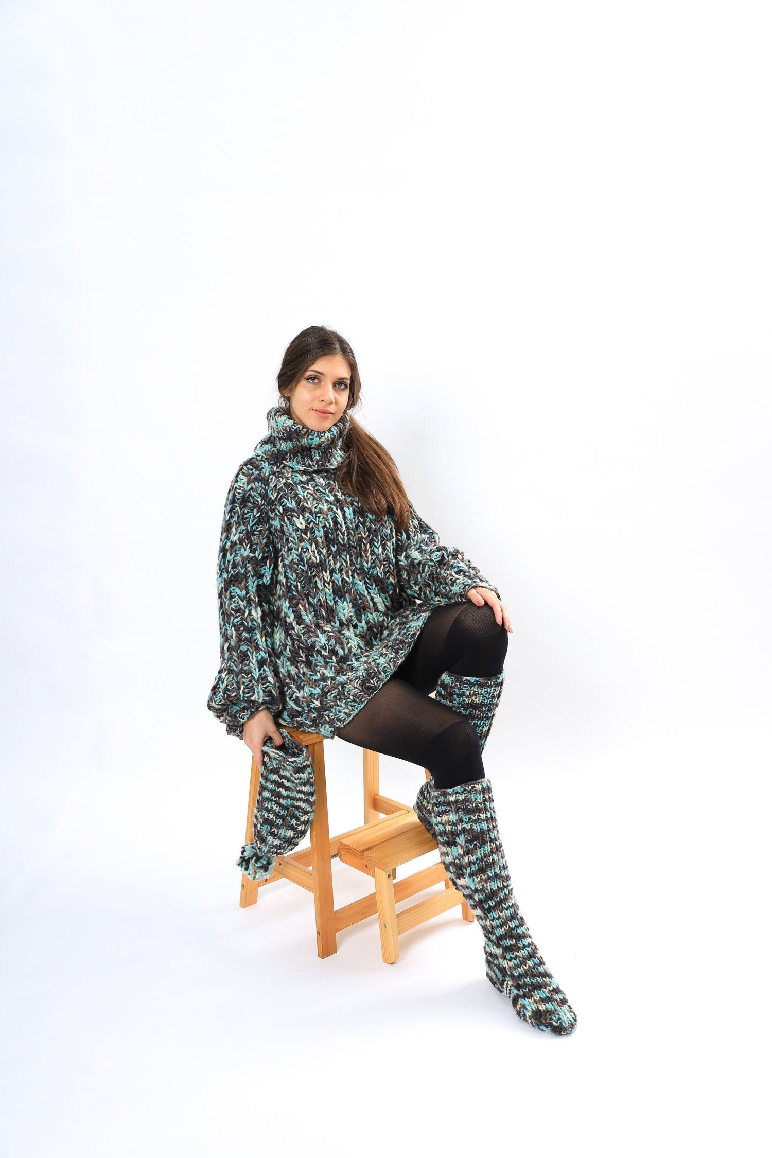Melange Chunky Knit Knee High House Wool Socks, Wool Hand Knitted Leg, Knit Socks , Legwarmer