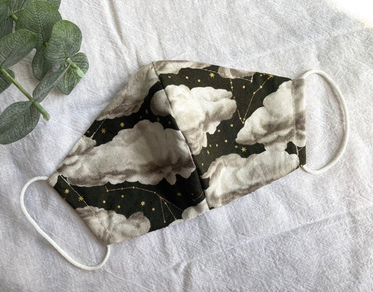 Constellations & Clouds Facemask With Filter Pocket Nose Wire, Metallic Gold Stars Space Mask Dream in Charcoal