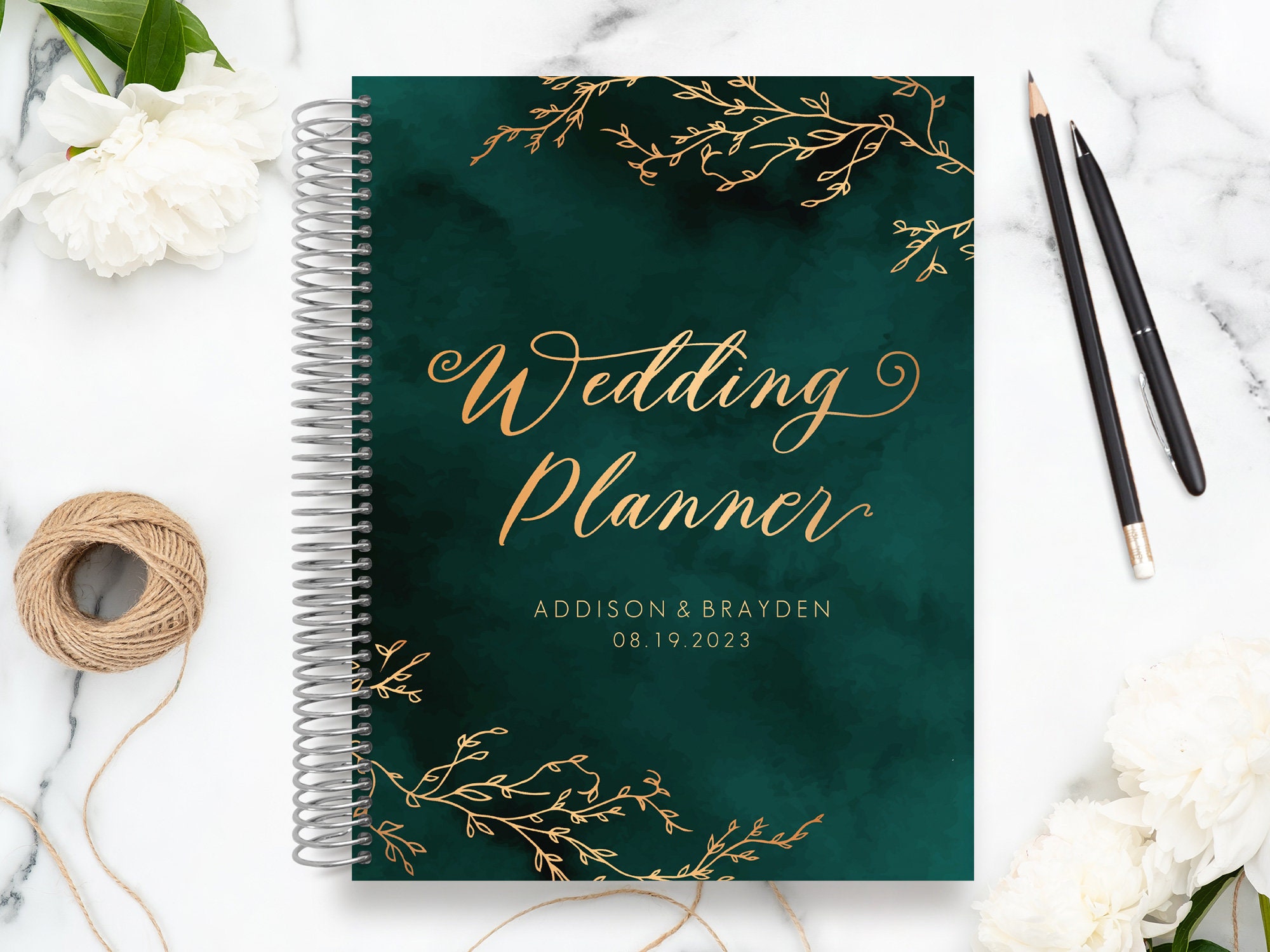 Custom Wedding Planner | Planning Guide Engagement Gift For Couples Bridal Organizer Gorgeous Emerald Watercolor