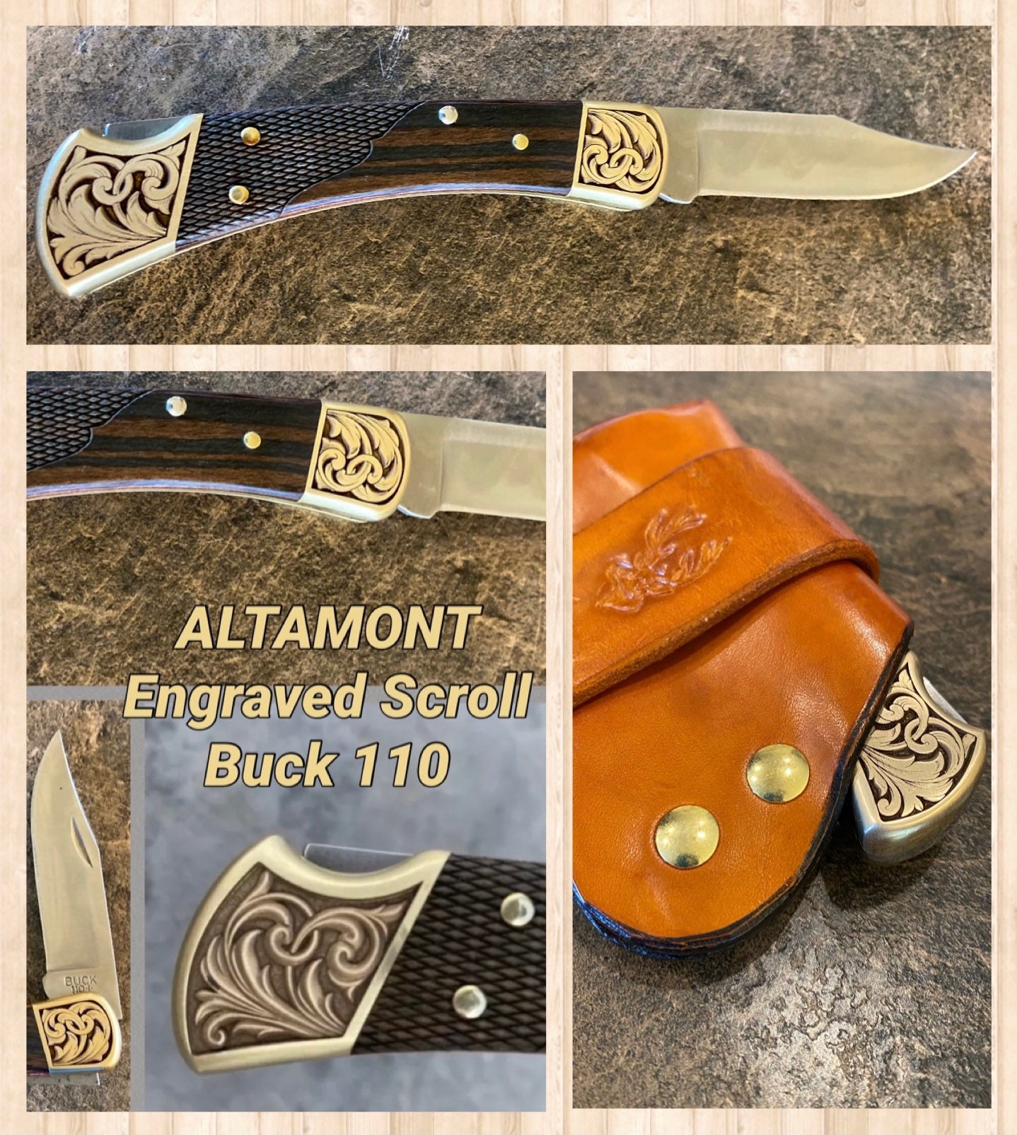 Scroll Engraved Buck 110 With Quick Draw Sheath Combo