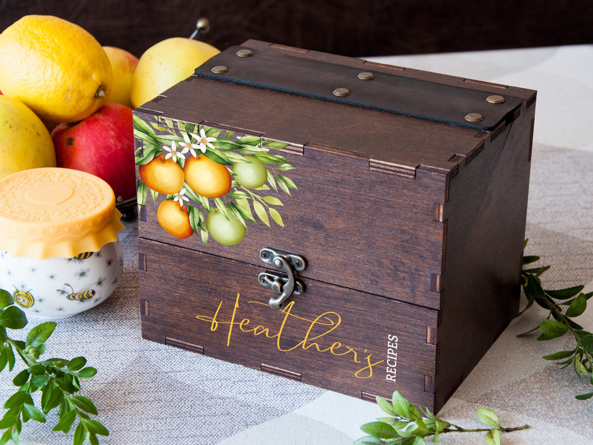 Recipe Box Bridal Shower Gift Citrus Art Daughter in Law Personalized Card Mothers Day Orange Wood Dividers