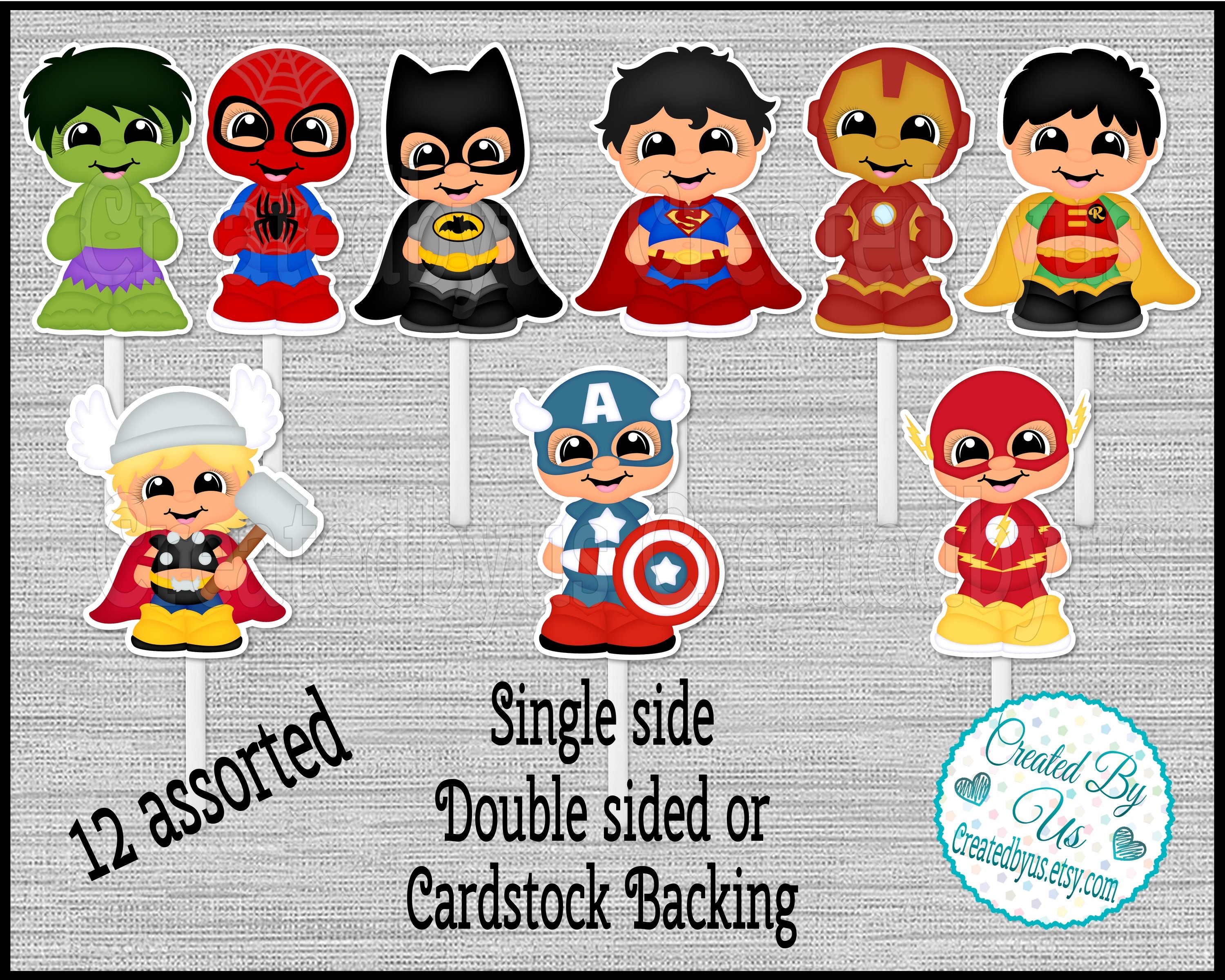 Superhero Cupcake Toppers Baby Shower Hero Birthday Party Favors Cupcake Picks Double Sided Cake Topper Cup Top 12 Assembled
