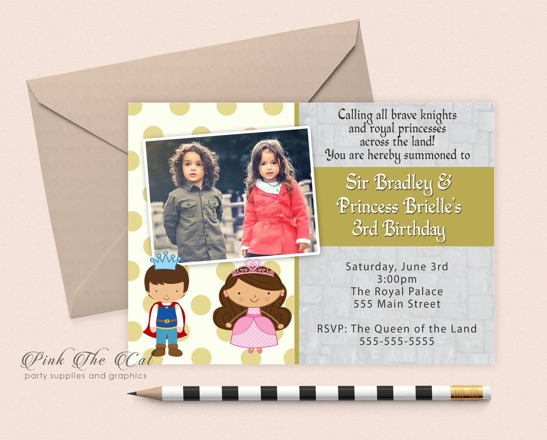 Knight Princess Invitation - Kids Birthday Party Girl Boy Twins Prince Printable