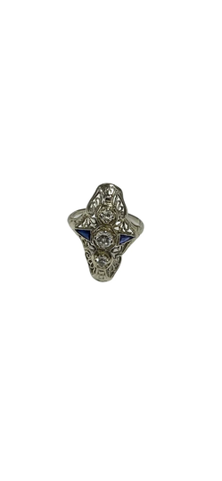 1/2 Ctw Estate 18K White Gold Sapphire & Diamonds Edwardian Navette Ring Vintage