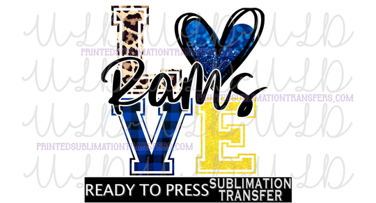 Love Rams Sublimation Design Ready To Press Print Transfer, Blue/Yellow/Glitter/Leopard