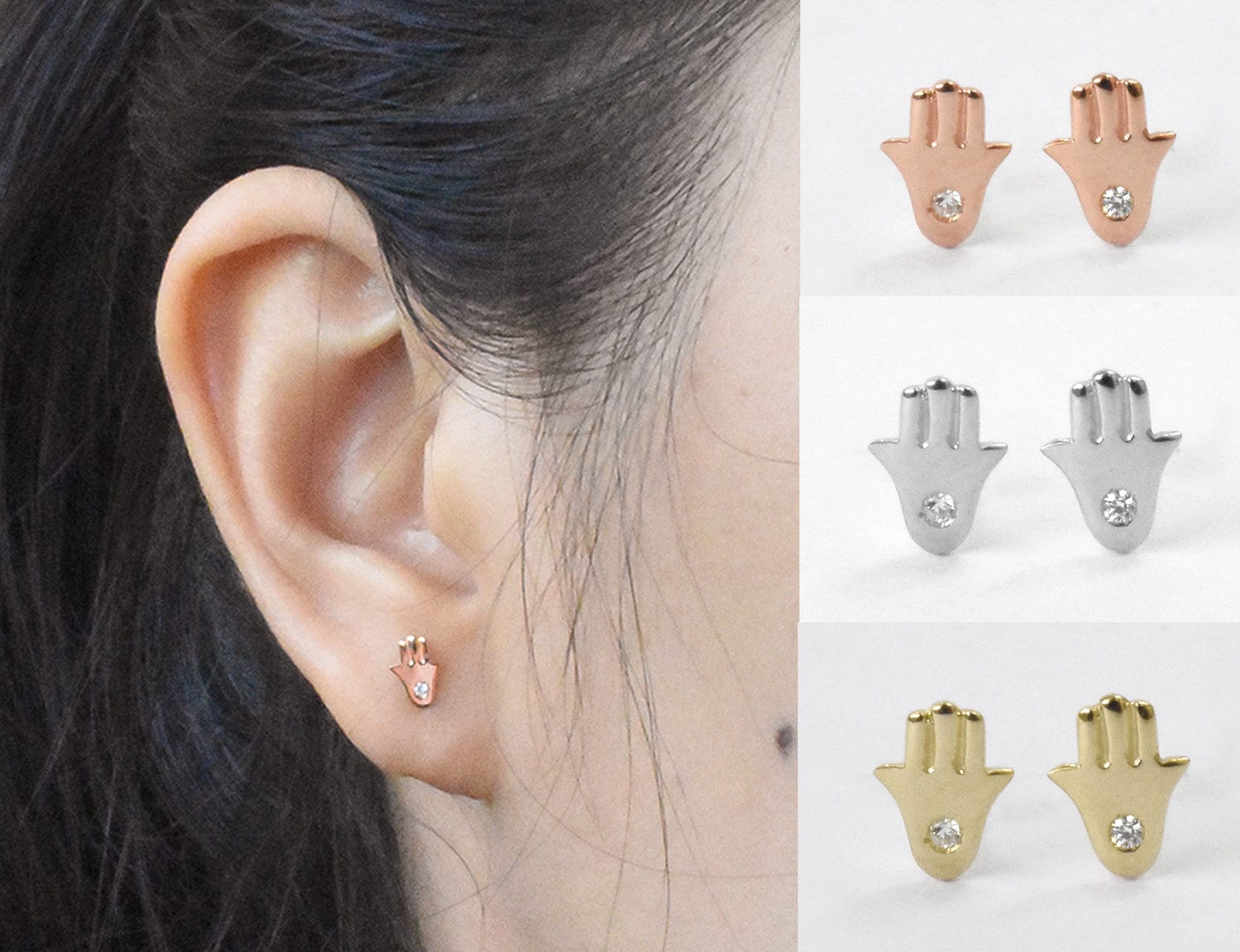 14K Solid Gold Hamsa Stud Earrings/Diamond Dainty Minimalist Everyday Natural Ojgd36/07