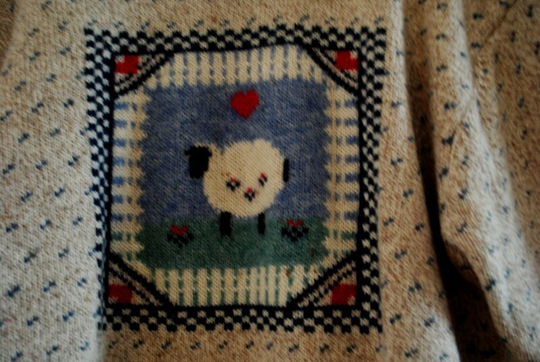 1990 Vintage, Pastel Gray Wool Blend Thick Sweater With A Sheep Image On The Front & Red Hearts Trim. By Eddie Bauer. Size M