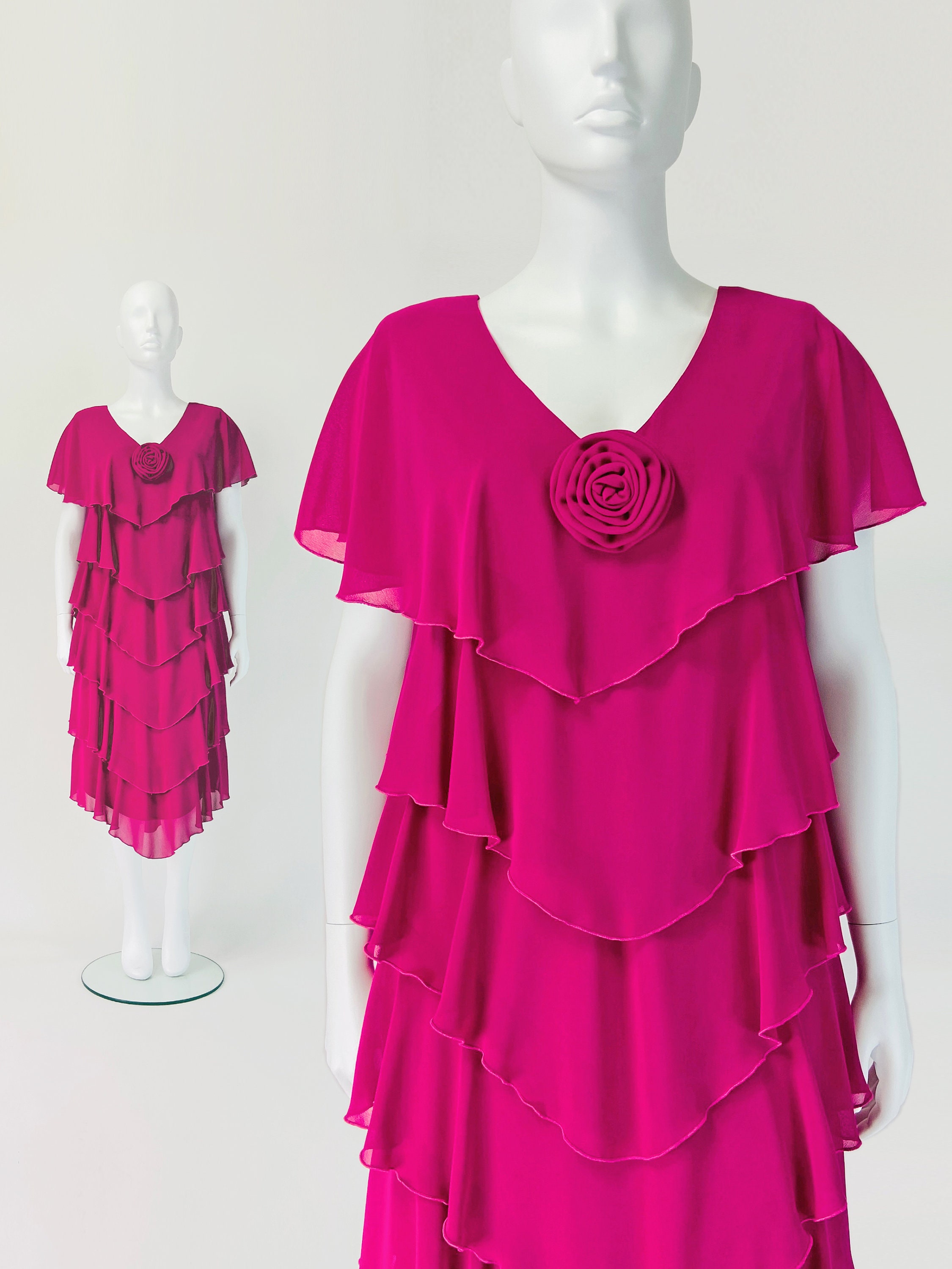 90S Cocktail Dress, Vintage Midi Chiffon Ruffle Fuchsia Tiered Large Xl, Size 14 16 Us, 18 20 Uk, W332