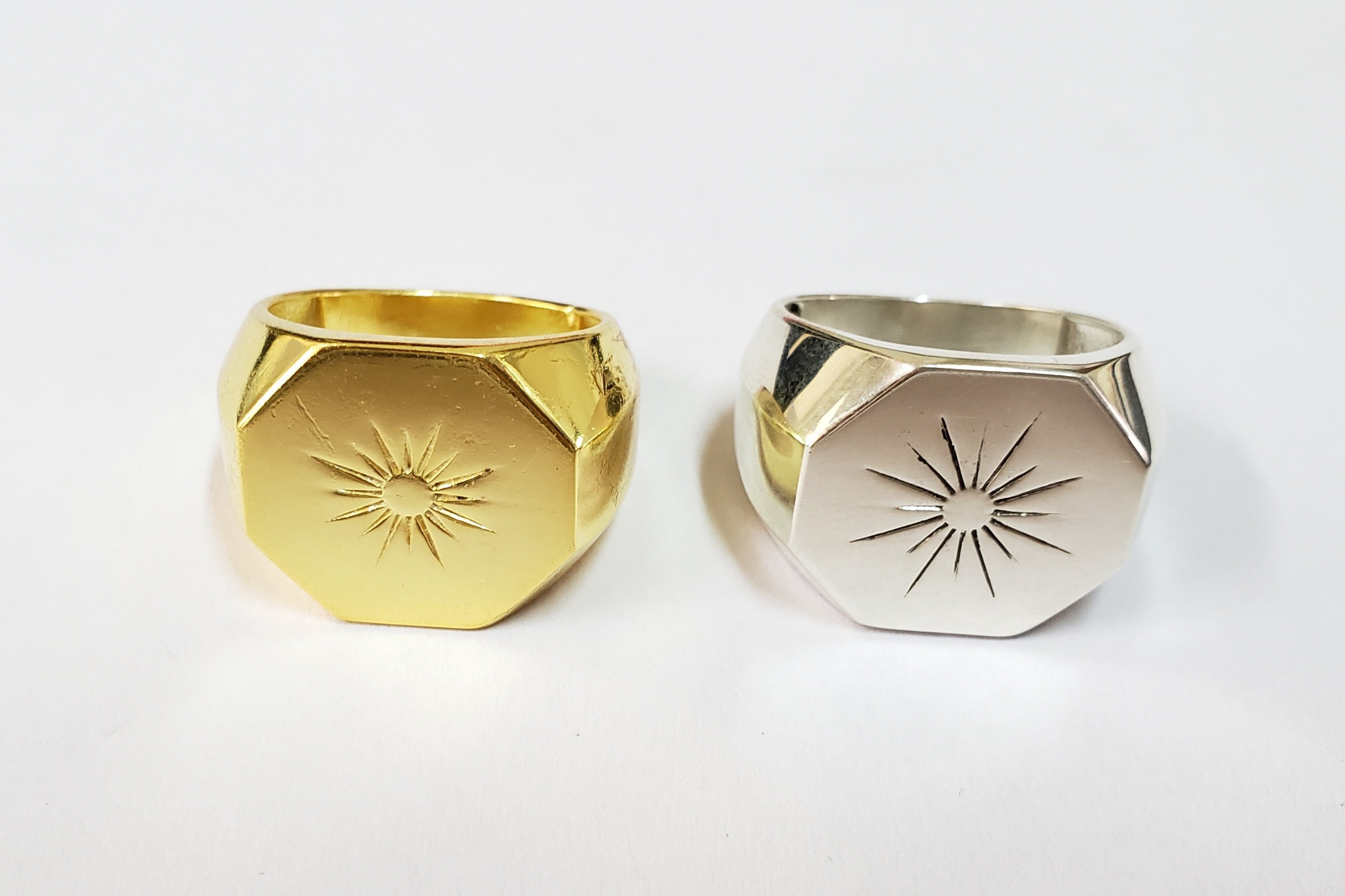 925 Silver Ring For Men, Octagon Ring, Thick Solid Gold Vermeil Rings Engraved