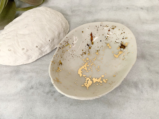 Gold Splatter Abalone Bowl - Shell Beach Decor Ring Dish Trinket Soap Small