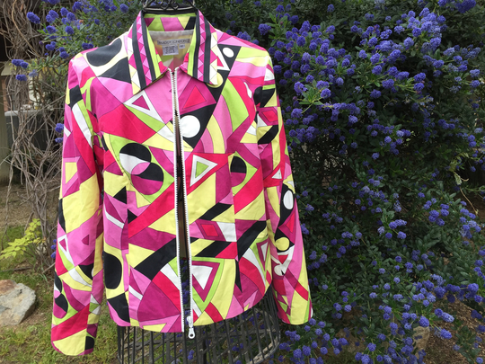 Mod Peter Max Style Cotton Blend Moto Jacket, Size 12, Zip Front, Geometric Mod Theme, By Maggie London, Dress Up With Black Slacks Or Down