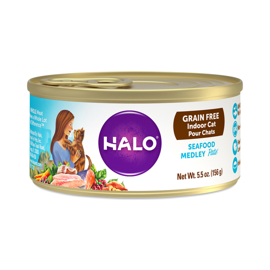 4-Pack Halo Indoor Grain Free Wet Cat Food for Cats, Seafood Medley Recipe Pate 5.5 oz can