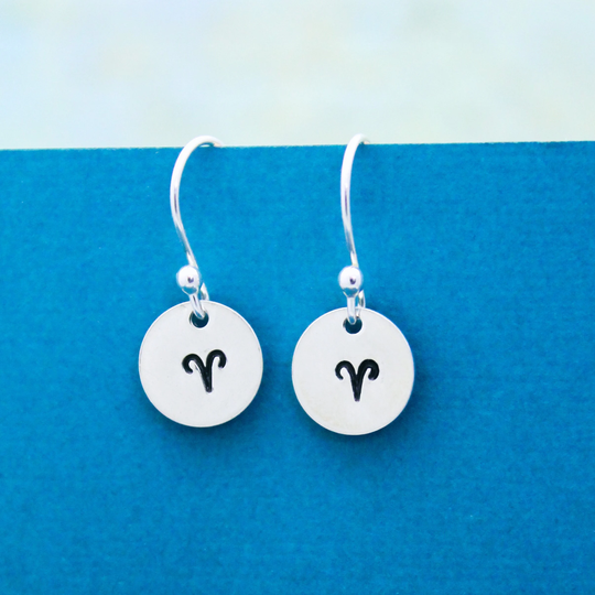 Tiny Aries Sterling Silver Earrings, Zodiac Sign Jewelry, Hand Stamped Personalized Jewelry Unique Gift For Her