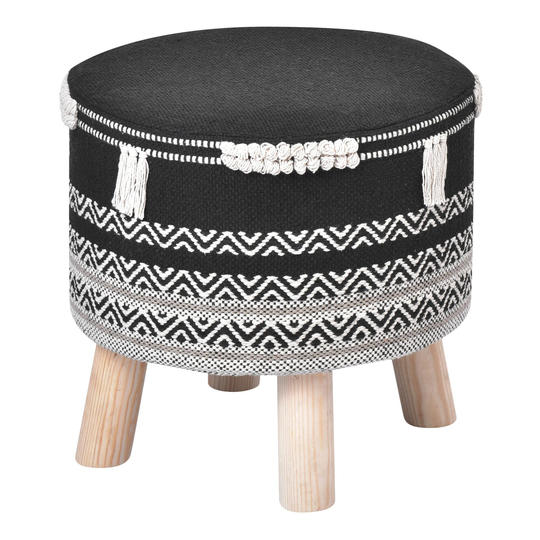 Round Black Wool Upholstered Stool with Tassels by World Market