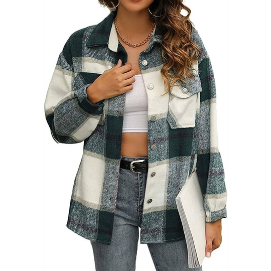 Womens Casual Plaid Wool Blend Button Down Long Sleeve Shirt Jacket Shackets - green, m