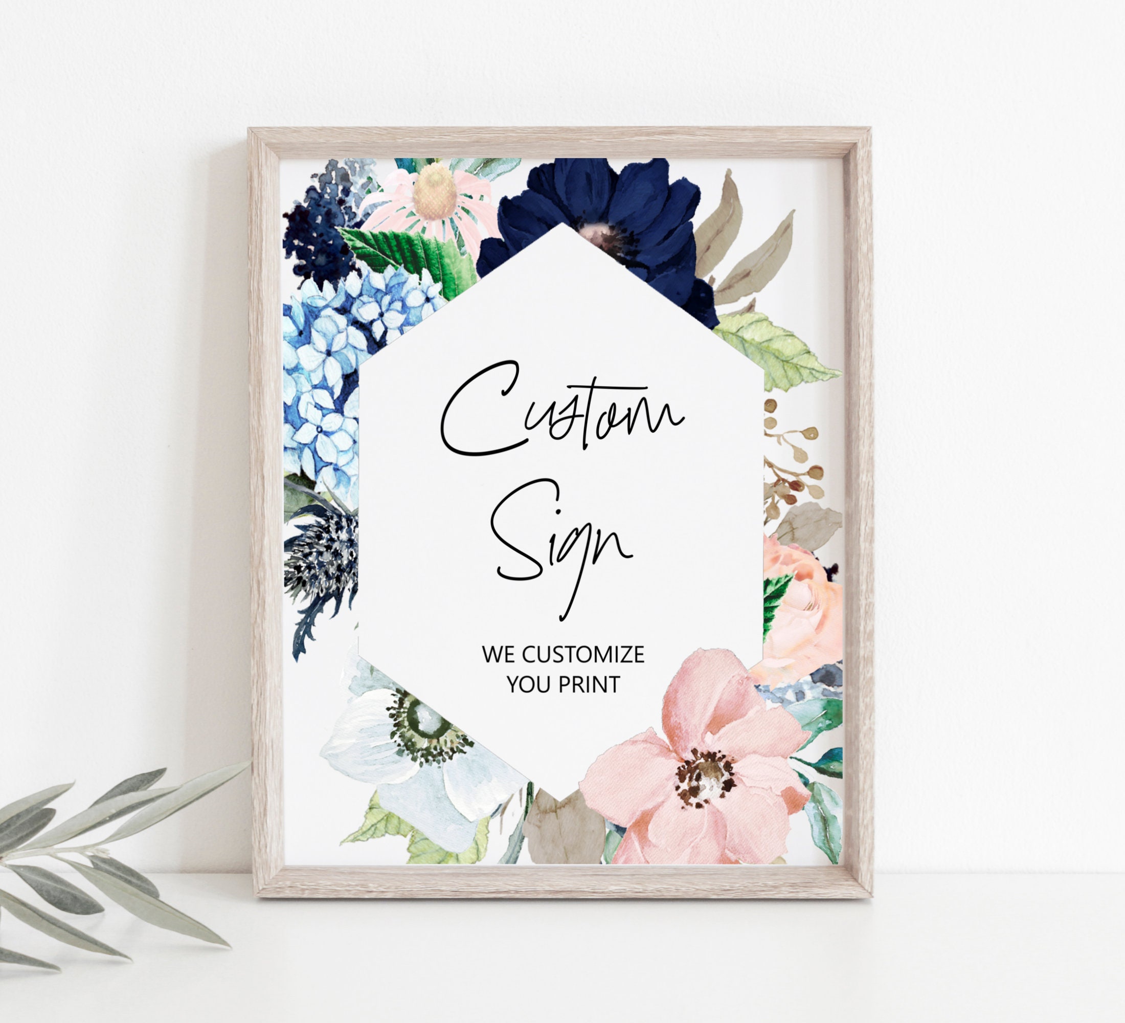 Navy Blue & Blush Pink Custom Sign Table Printable Watercolor Floral Digital File B16 C98