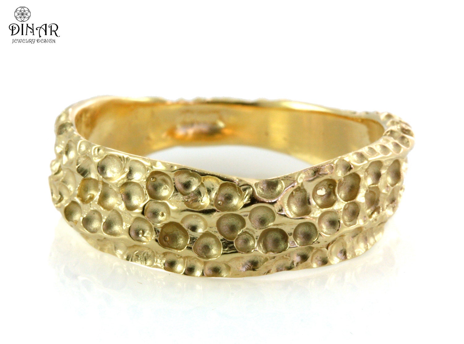 14K Honeycomb Wide Gold Ring, Hammered Texture Wedding Band , Large Organic Gold Ring For Men , Handmade Women Bohemian