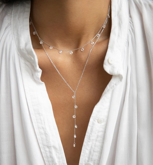 Floating Diamond Lariat Necklace, Diamond Round Floting 14K Gold Drill Minimlist Necklce