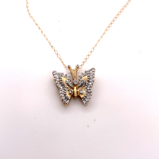 14K Yellow Gold Round & Baguette Diamond Butterfly Pendant