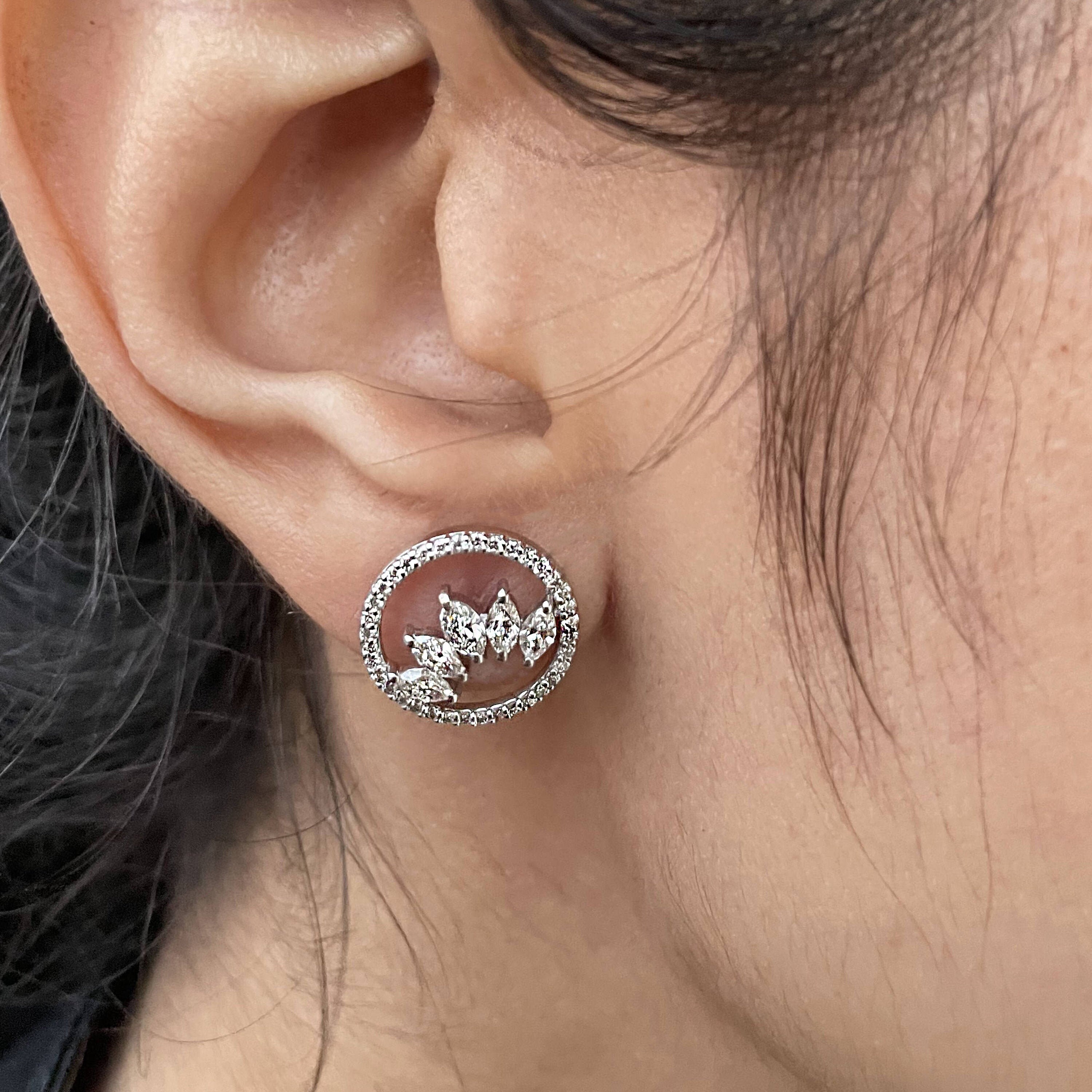 Open Circle Earrings, Diamond Marquise Dainty Stud Earrings