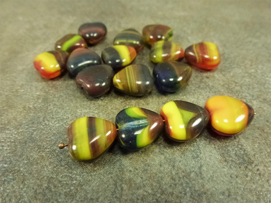 30Pc Yellow/Dark Red Blend 12mm Heart Beads Czech Pressed Glass