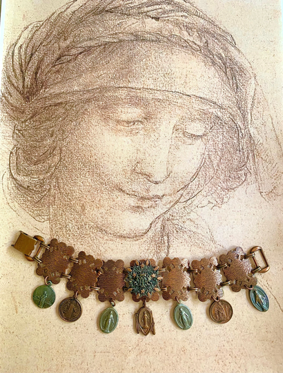 Vintage French Copper & Silver Virgin Mary Bookchain Charm Bracelet With Religious Medals