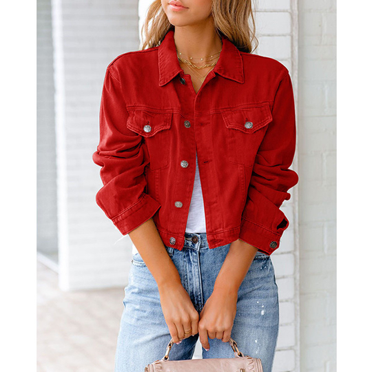 New cotton blend solid denim jacket long sleeve top - Red, 2XL