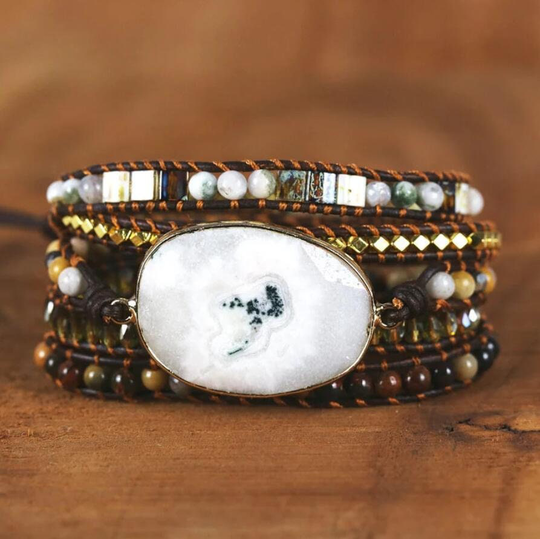 Natural Solar Quartz Cabochon Bracelet-Leather Wrap Healing Bracelet-Spiritual Protection Bracelet-Meditation Balance Energy Bracelet