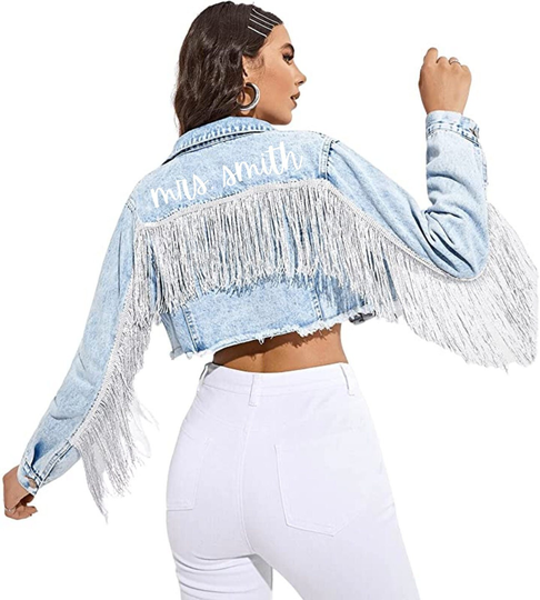 Last Name Silver Fringe Denim Jacket | Wedding Gift Bachelorette Engagement Jean Boho Bride