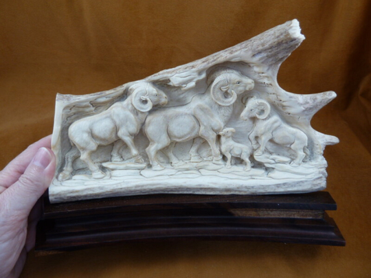 Rams Ram Sheep Runnung Climbing Of Shed Antler Figurine On Wood Base Bali Detailed Carving Moose Antler Display Bighorn Ram-3