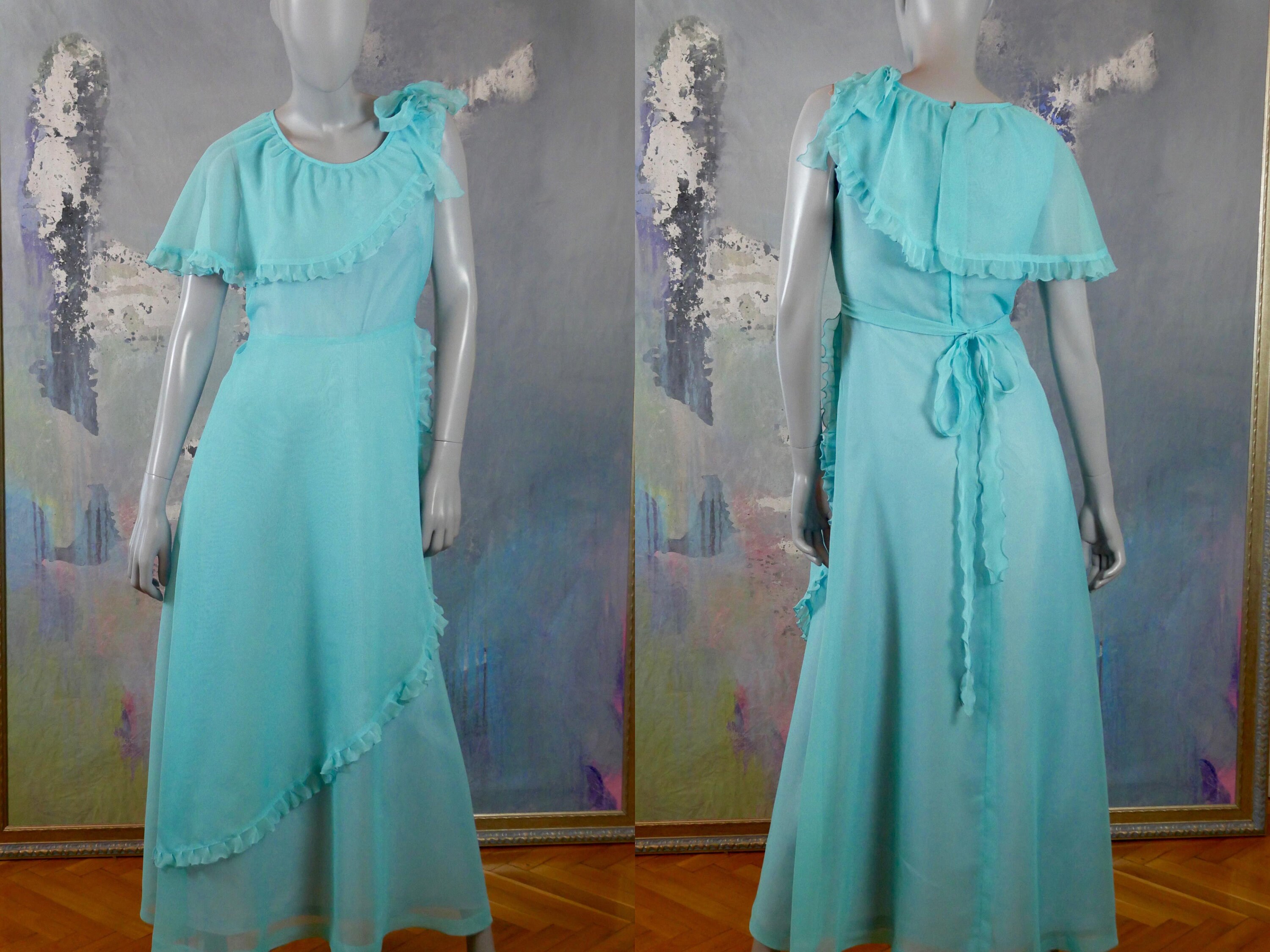 1970S Prom Dress, French Vintage Aqua Turquoise Long Dress With Ruffle Yoke & Bow Size 6 Us, 10 Uk