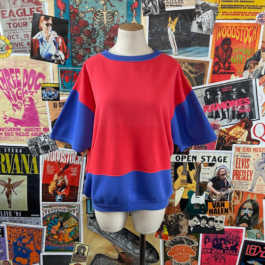 Vintage Women's 1980S-90S Coral + Royal Blue Color Block "Hanes Her Way' Short Sleeve Pullover Sweatshirt