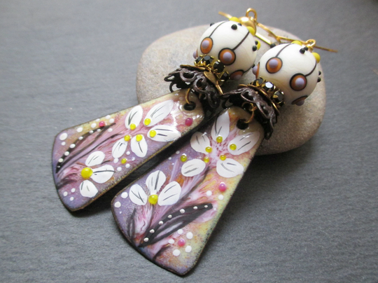 Easter Lily Earrings, White Floral Enamel Dangles, Artisan Lampwork Statement Gift For Her, Threewishesstudio