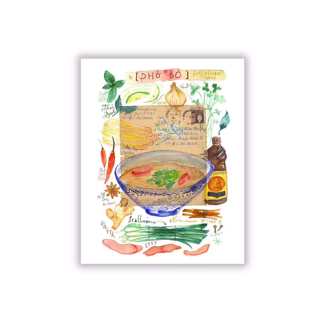 Pho Bo Watercolor Painting Poster, Vietnamese Cuisine Wall Art, Noodle Soup, Asian Food Artwork, Kitchen Print, Vietnam Restaurant Decor