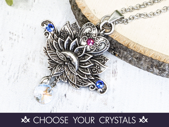 Ornate Lotus Necklace, Wiccan Jewelry Witchcraft Talisman, Crystal Blooming Flower Pagan Buddhist Necklace