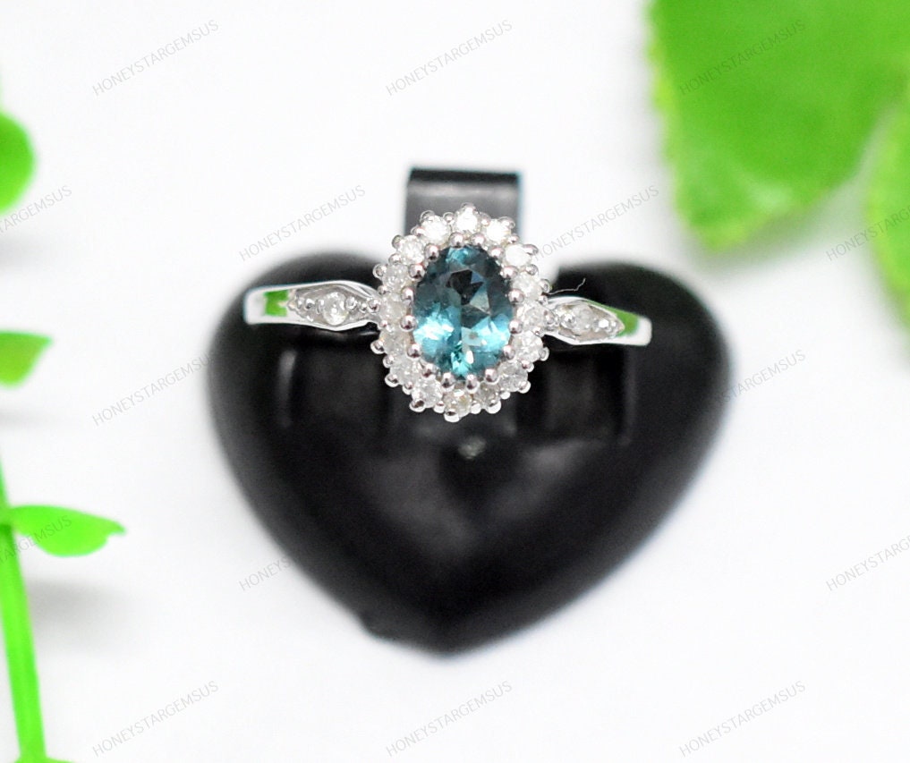 Bluish Green Tourmaline Ring, Gold Diamond Silver Engagement Anniversary Gift, Wedding Ring Solitaire