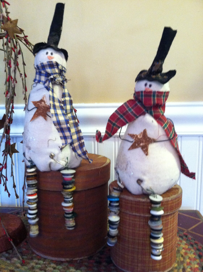 Primitive Sitting Snowman With Button Dangle Legs Holding A Cinnamon Star