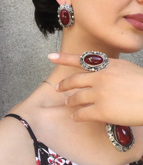 Armenian Silver Jewelry Sets With Red Stone Corundum For Women| Ring Earrings| Oval Set/ Ring| Earrings