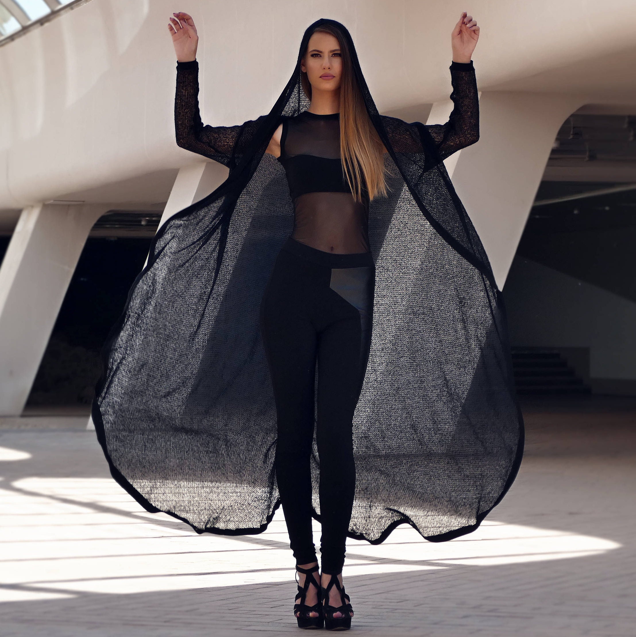 Black Wool Maxi Hooded Cloak